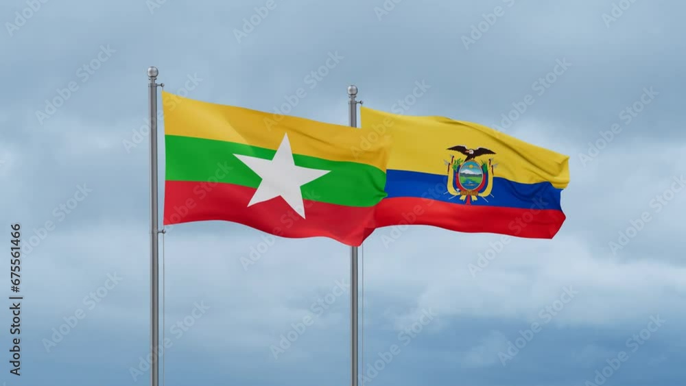 Ecuador flag and Myanmar flag waving together on cloudy sky, endless seamless loop, two country relations concept Ecuador flag and Myanmar flag waving together on cloudy sky, endless seamless loop, two country relations concept