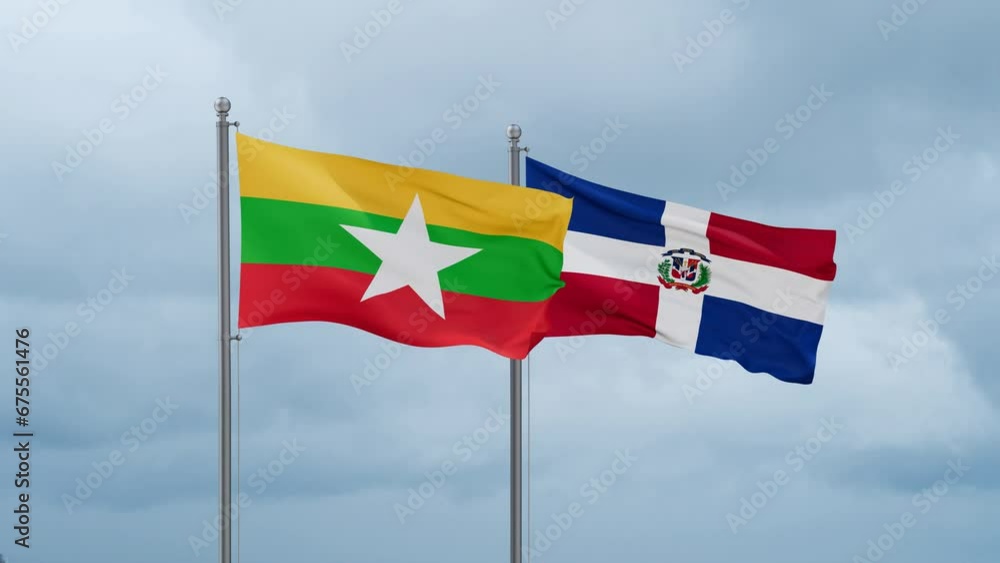 Dominican Republic flag and Myanmar flag waving together on cloudy sky, endless seamless loop, two country relations concept Dominican Republic flag and Myanmar flag waving together on cloudy sky, endless seamless loop, two country relations concept