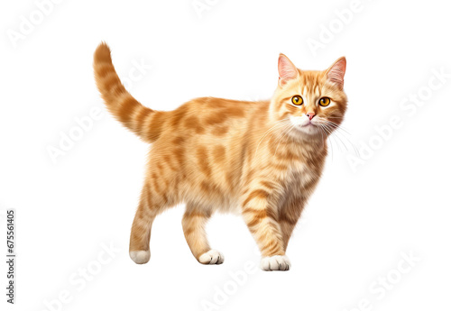 ginger cat walks on a white and isolated