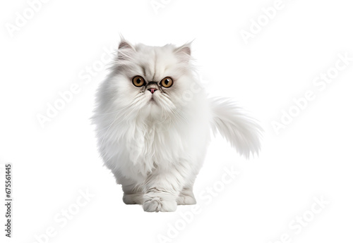 Persian cat walking on a white and isolated