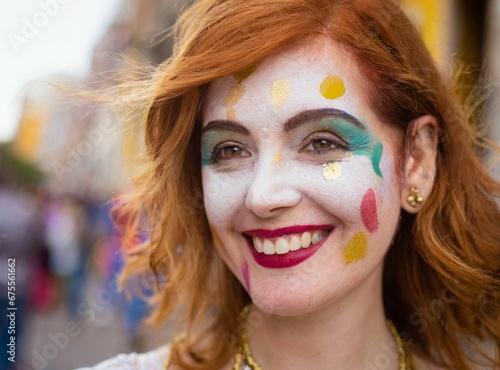 Redhead woman enjoys Carnival celebration. Colorful makeup