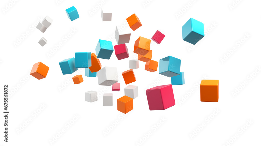 Colorful 3d render falling cubes, isolated on white background. Generative AI