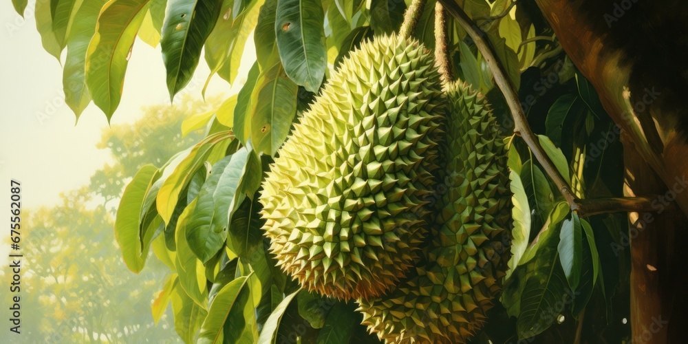 painting of durian growing in the backyard, generative AI painting of durian growing in the backyard, generative AI