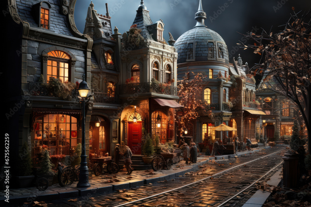 A stunning Christmas village display with miniature houses and figurines, evoking a sense of nostalgia. Generative Ai.