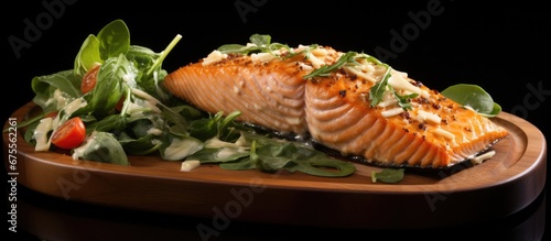 The delicious salmon fillet is the star of this healthy seafood dish served on a bed of green leaf salad and accompanied by a creamy pasta sauce all presented on a wooden plate