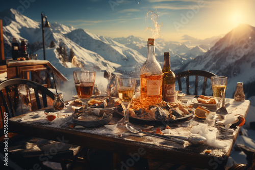 table with wine in restaurant with a view of the mountains  ai generative