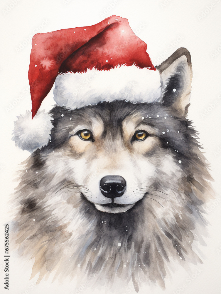 A Minimal Watercolor Portrait of a Wolf Dressed Like Santa Claus