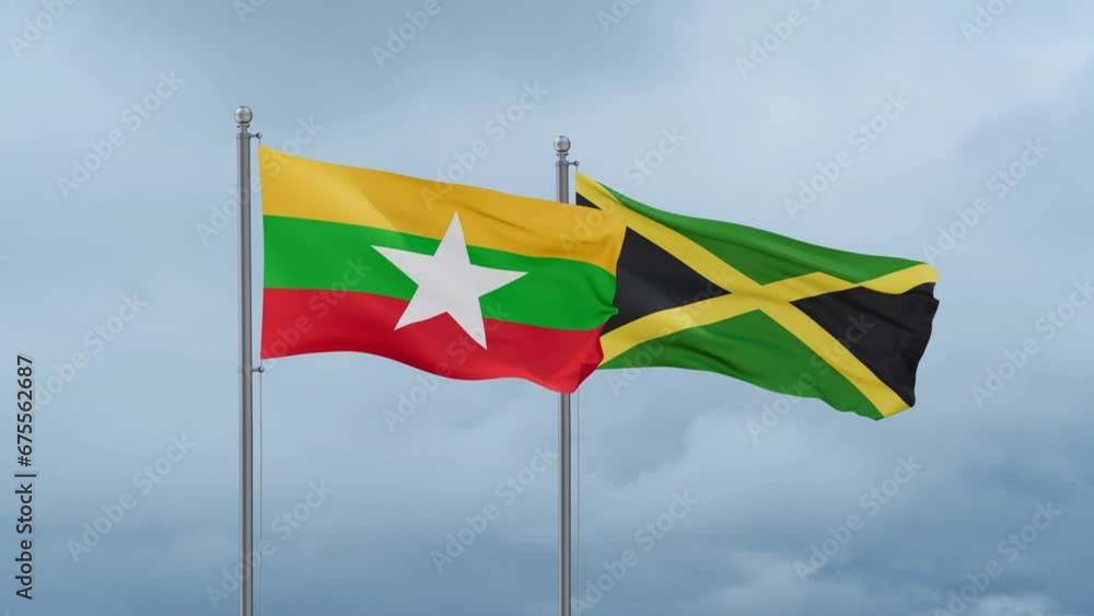 Jamaica and Myanmar flag waving together on cloudy sky, endless seamless loop, two country cooperation concept Jamaica and Myanmar flag waving together on cloudy sky, endless seamless loop, two country cooperation concept