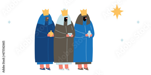 Christmas Christian Nativity scene vector. Postcard in cartoon, flat style. The city of Bethlehem and the Star above. Christian religious art.	
