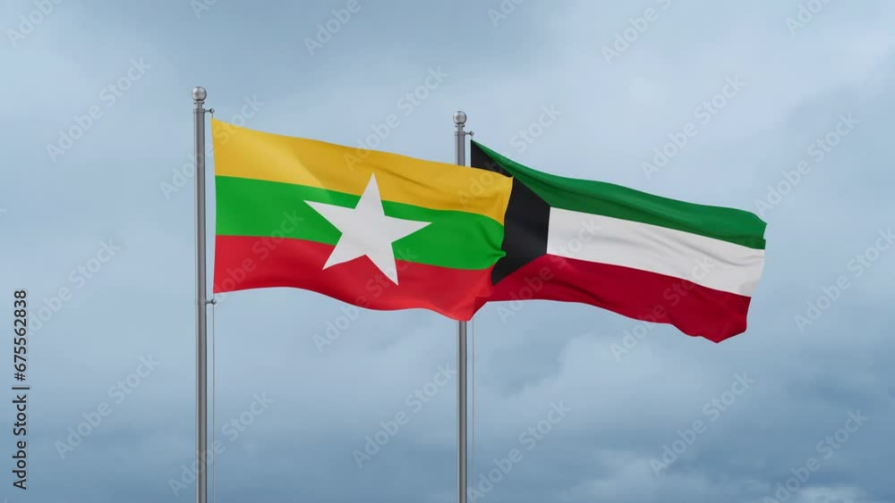Kuwait and Myanmar flag waving together on cloudy sky, endless seamless loop, two country cooperation concept Kuwait and Myanmar flag waving together on cloudy sky, endless seamless loop, two country cooperation concept