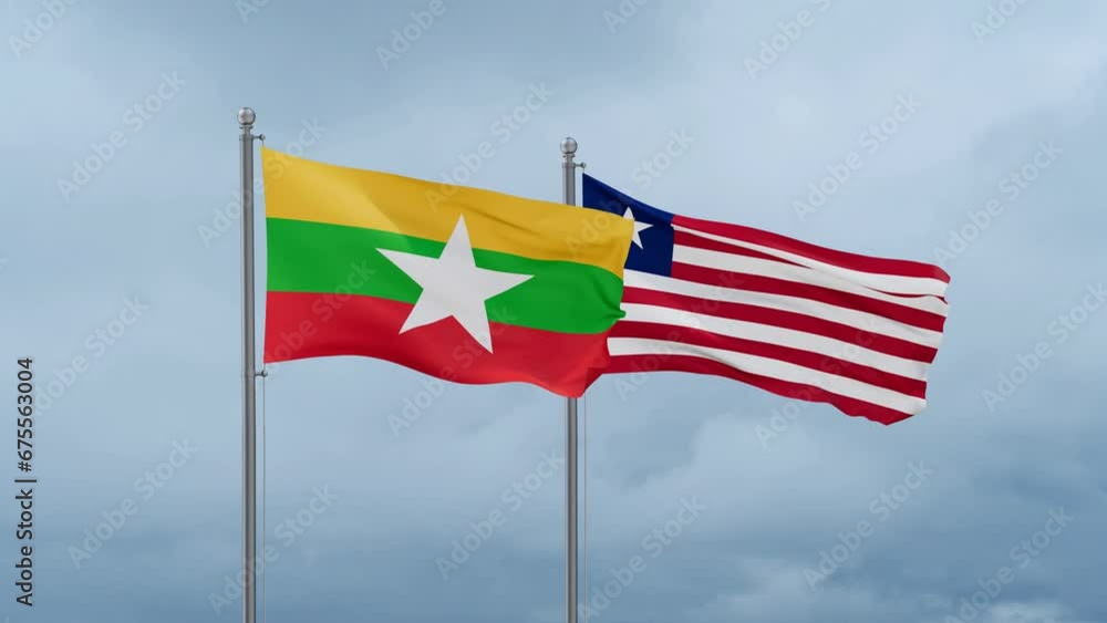 Liberia and Myanmar flag waving together on cloudy sky, endless seamless loop, two country cooperation concept Liberia and Myanmar flag waving together on cloudy sky, endless seamless loop, two country cooperation concept