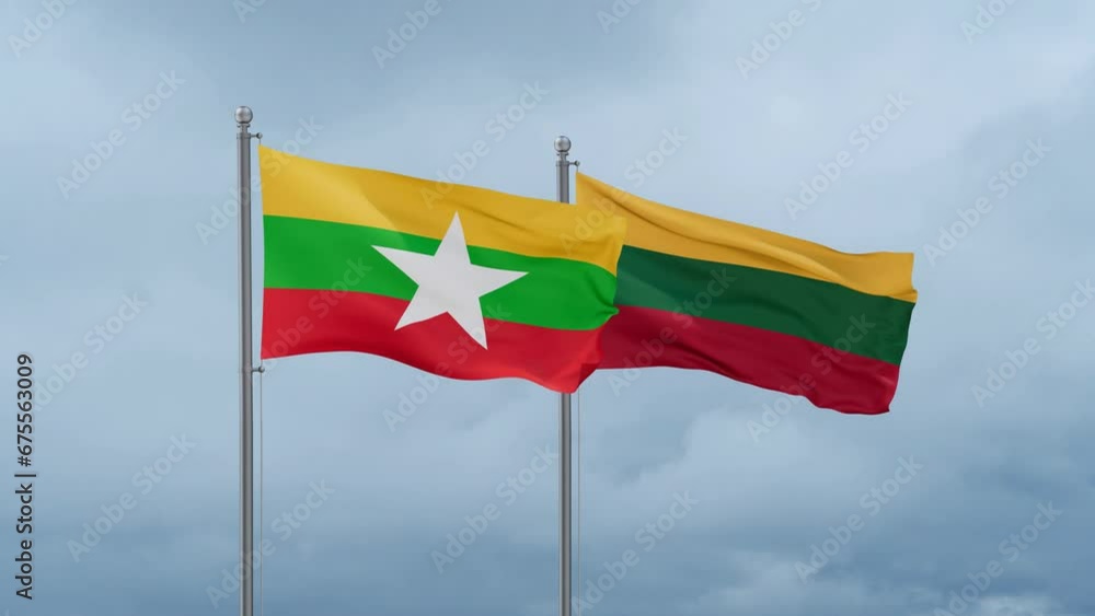 Lithuania flag and Myanmar flag waving together on cloudy sky, endless seamless loop, two country relations concept Lithuania flag and Myanmar flag waving together on cloudy sky, endless seamless loop, two country relations concept