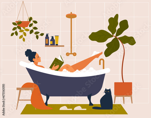Woman taking bath in home bathroom. Female with book relaxing in bathtub water with soap foam, bubbles. Beauty and body care routine. Flat vector illustration isolated