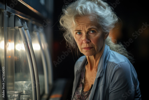 An elderly woman with a worried expression looking into an empty refrigerator, illustrating food insecurity in the elderly population. Generative Ai.