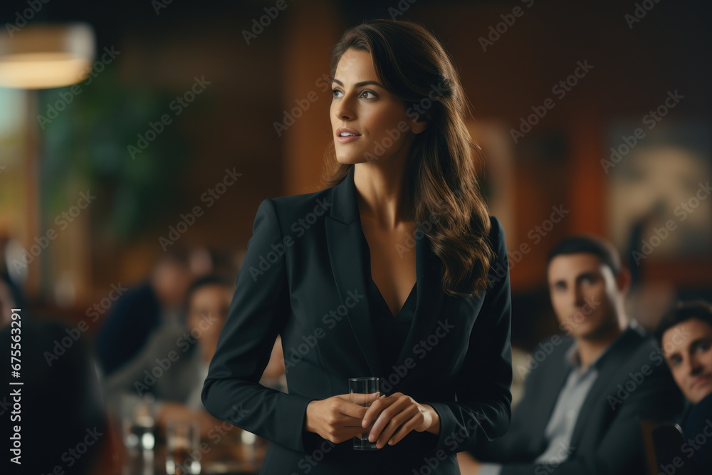 A confident woman in a power suit, delivering a compelling presentation in a corporate boardroom. Concept of professional success and leadership. Generative Ai.