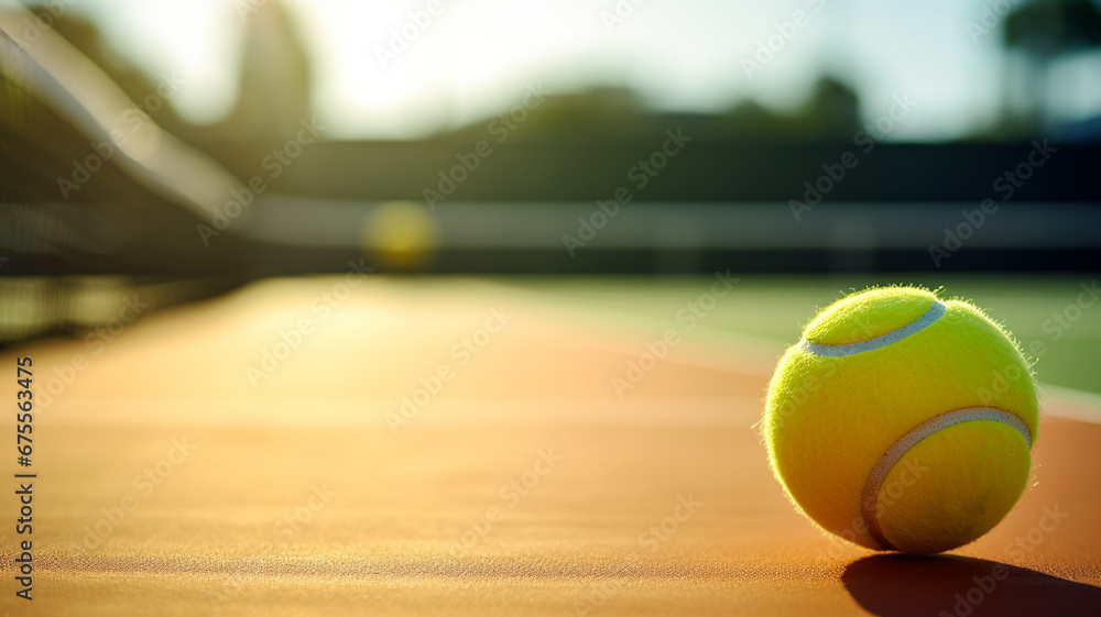 tennis ball and racket on a court with a background