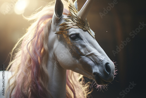Unicorn. a mythical creature symbolizing virtue. a horse with a horn. rainbow, fairytale, shiny tail, mane, pony, white beautiful cute magical animal myth. photo