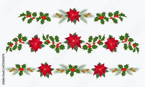 Set of Christmas garlands with red poinsettia, holly berries, pine branches and cones. Festive traditional decoration. Hand drawn vector illustration isolated on white background, flat cartoon style.