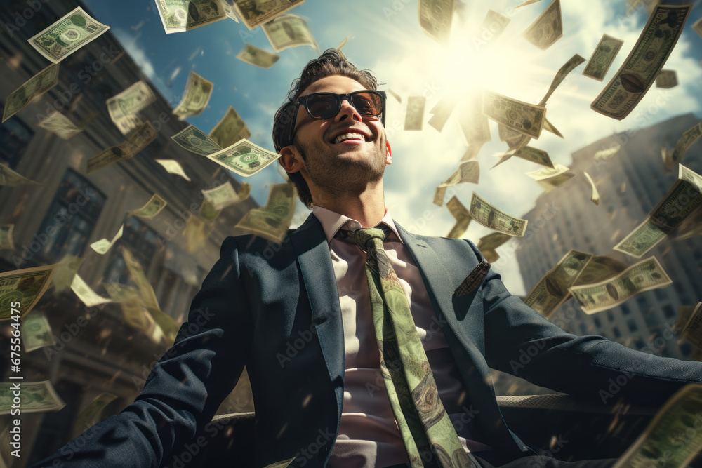 Happy businessman having fun with cash. Smiling rich person rejoices at rain of money on street, man throws up dollar bills near office buildings. Concept of business, success, win, winner - obrazy, fototapety, plakaty 