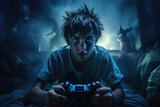 Scared gamer plays horror video game, face of shocked teen. Serious boy controls and watches computer videogame in dark room. Concept of young people, emotion, esport, kid