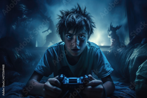 Scared gamer plays horror video game, face of shocked teen. Serious boy controls and watches computer videogame in dark room. Concept of young people, emotion, esport, kid photo