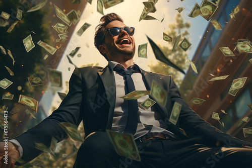 Happy businessman rejoices at rain of money on city street. Smiling rich person having fun with cash, man throws up dollar bills. Concept of business, success, win, winner