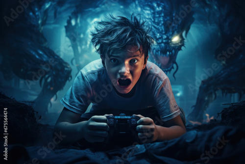Excited gamer plays horror video game, face of shocked shouting boy. Scared teen controls and watches computer videogame in dark room. Concept of young people, emotion, esport, kid photo