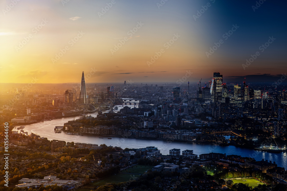 Seamless day to night time lapse transition of the urban skyline of London, England