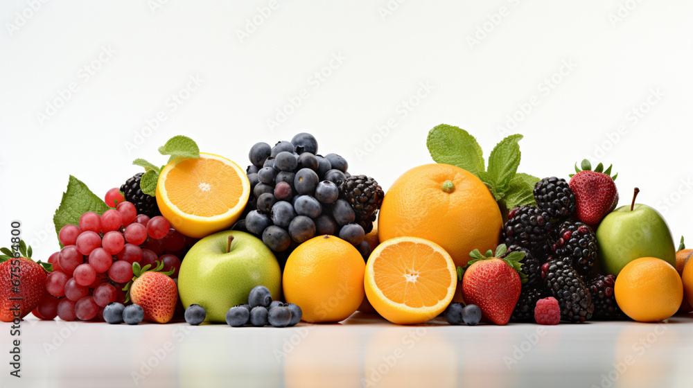 Kitchen banner with with different fruits on isolated white background. Copy space. Generative AI Kitchen banner with with different fruits on isolated white background. Copy space. Generative AI
