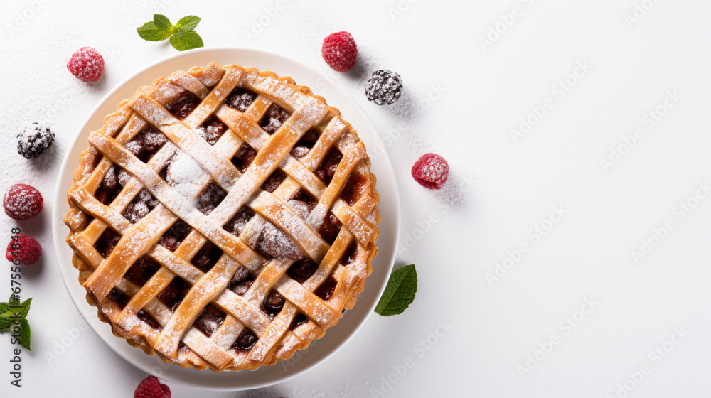 Berry pie on isolated white background. Banner with copy space. Generative AI Berry pie on isolated white background. Banner with copy space. Generative AI