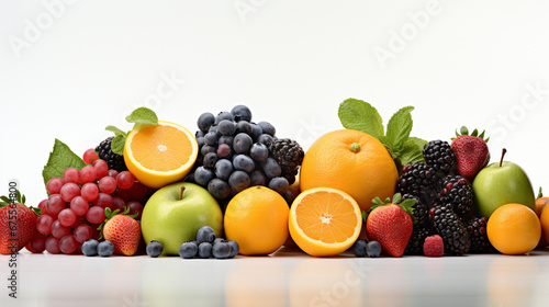 Kitchen banner with with different fruits on isolated white background. Copy space. Generative AI