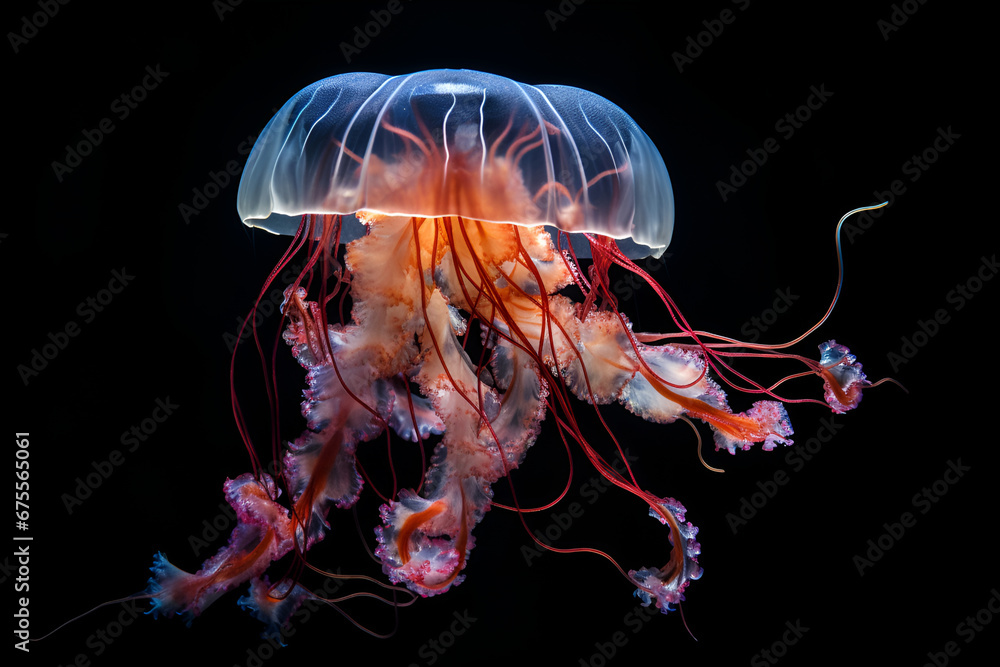 Glowing jellyfish swim deep in blue sea Glowing jellyfish swim deep in blue sea