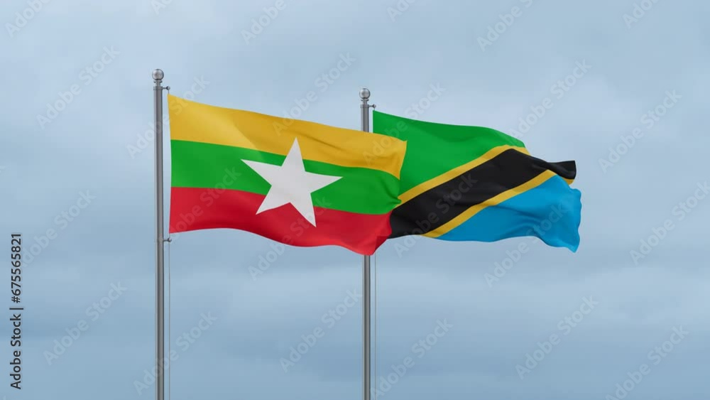 Tanzania and Myanmar flag waving together on cloudy sky, endless seamless loop, two country cooperation concept Tanzania and Myanmar flag waving together on cloudy sky, endless seamless loop, two country cooperation concept