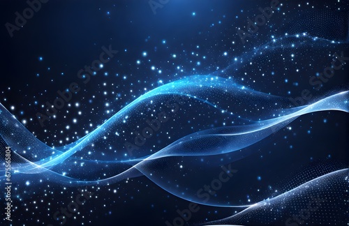 Abstract dark blue background with glowing particles, waves, and stars. Starscapes, cosmos, science, galaxy, futuristic world. Designed for banners, wallpaper.