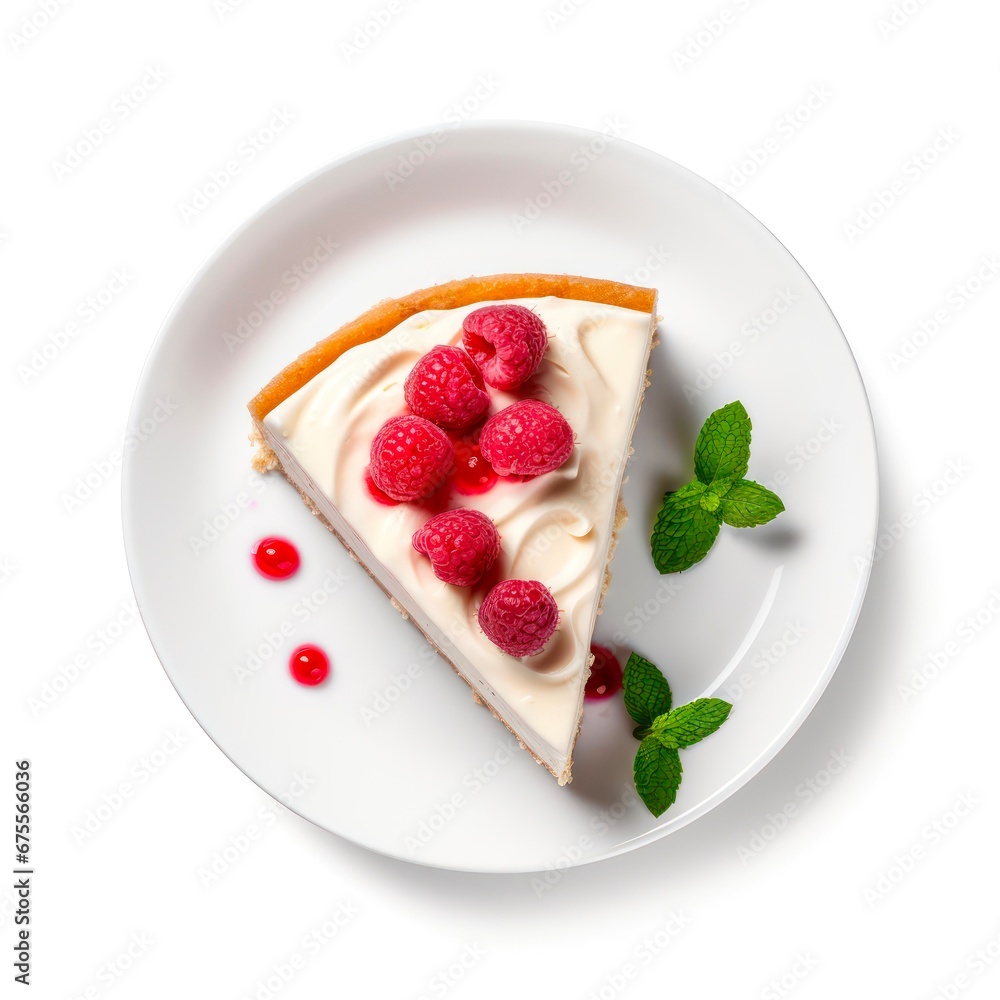 Top view of a piece of raspberry cheesecake on white background.