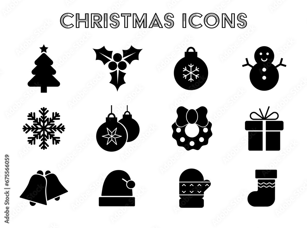 set of 12 Christmas icons, Christmas tree decorations, patterns for greeting cards, flat vector illustration isolated on white background.