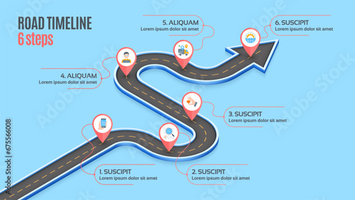 Isometric navigation map infographic 6 steps timeline concept.