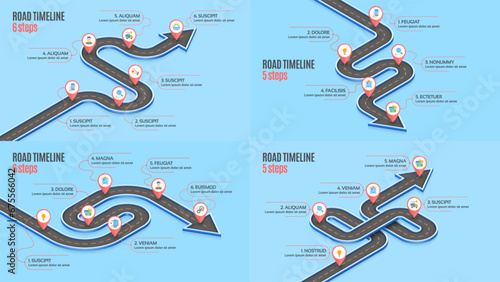 Isometric navigation map infographic 5-6 steps timeline concept.