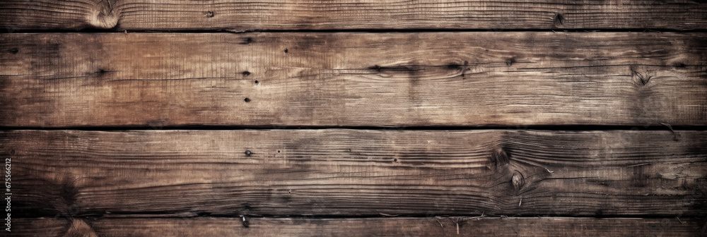 Obraz premium Vintage wood planks texture background, rough weathered wooden boards with nails. Panoramic wide banner of old dark barn wall. Theme of rustic design, nature, material, grunge