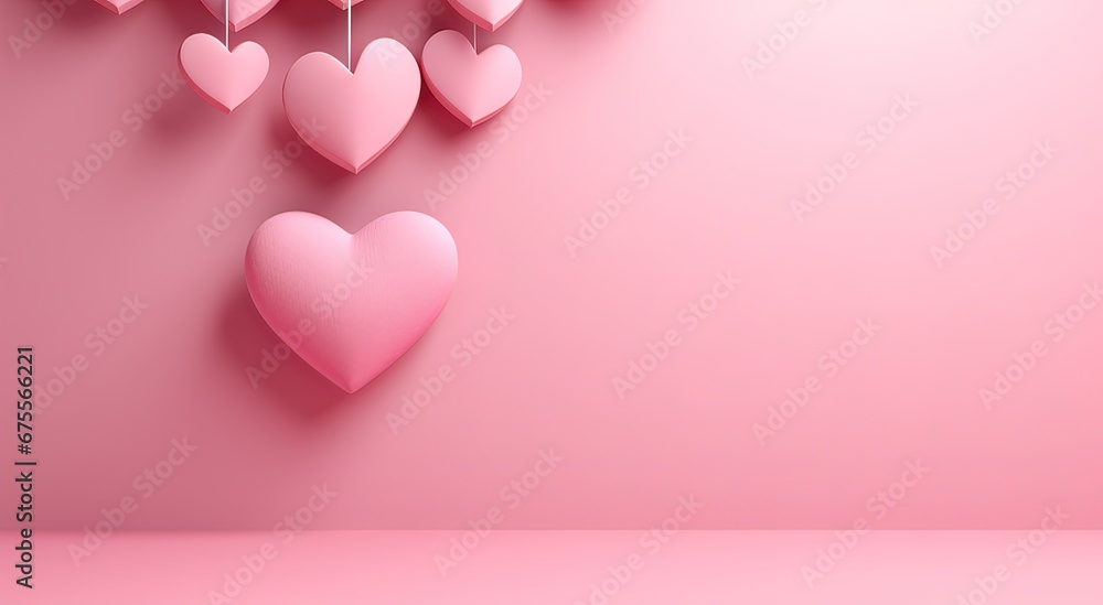 3d pink hearts on a pink background with copy space, valentine's day concept