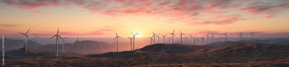 large wind turbine field in the mountains at sunset, renewable energy concept