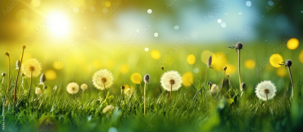 In the beautiful background of nature during spring the vibrant green grass sways in the light showcasing an array of floral beauty with yellow dandelion petals making it a truly stunning an