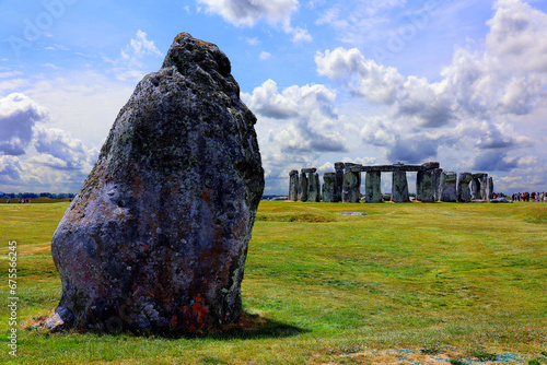 Stonehenge is a prehistoric monument on Salisbury Plain in Wiltshire. It consists of an outer ring of vertical sarsen standing stones. Inside is a ring of smaller bluestones. photo