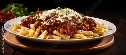 For a healthy and gourmet dinner the background is set with a white plate adorned with a flavorful meat and pasta dish smothered in a rich red sauce and topped with a tantalizingly spicy ch