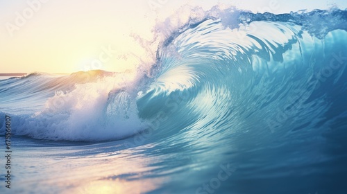 Big wave at sunset. Great sea wave. Light bronze and dark blue. photo