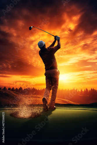 person playing gold at sunset illustration, man golfing photo