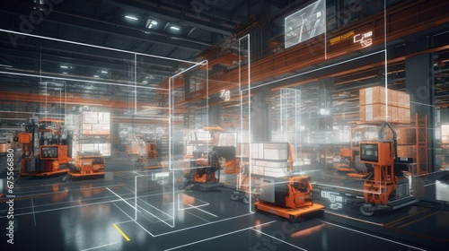 Futuristic warehouse. Wires and rows of boxes. Modern technology background.