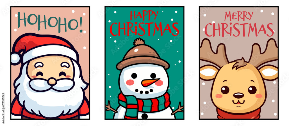 Vector Cartoon Character Set Collection: Snowman, Santa Claus, and Reindeer for Festive Merry Christmas Posters