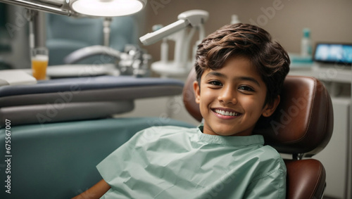 A smiling young indian boy in a dental chair. Examination by a dentist.