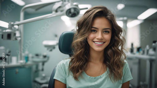 A smiling young woman in a dental chair. Examination by the dentist or cosmetic procedure (skin cleaning) photo